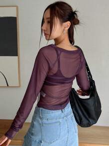 DAZY 女式不对称印花透视修身短款上衣长袖上衣