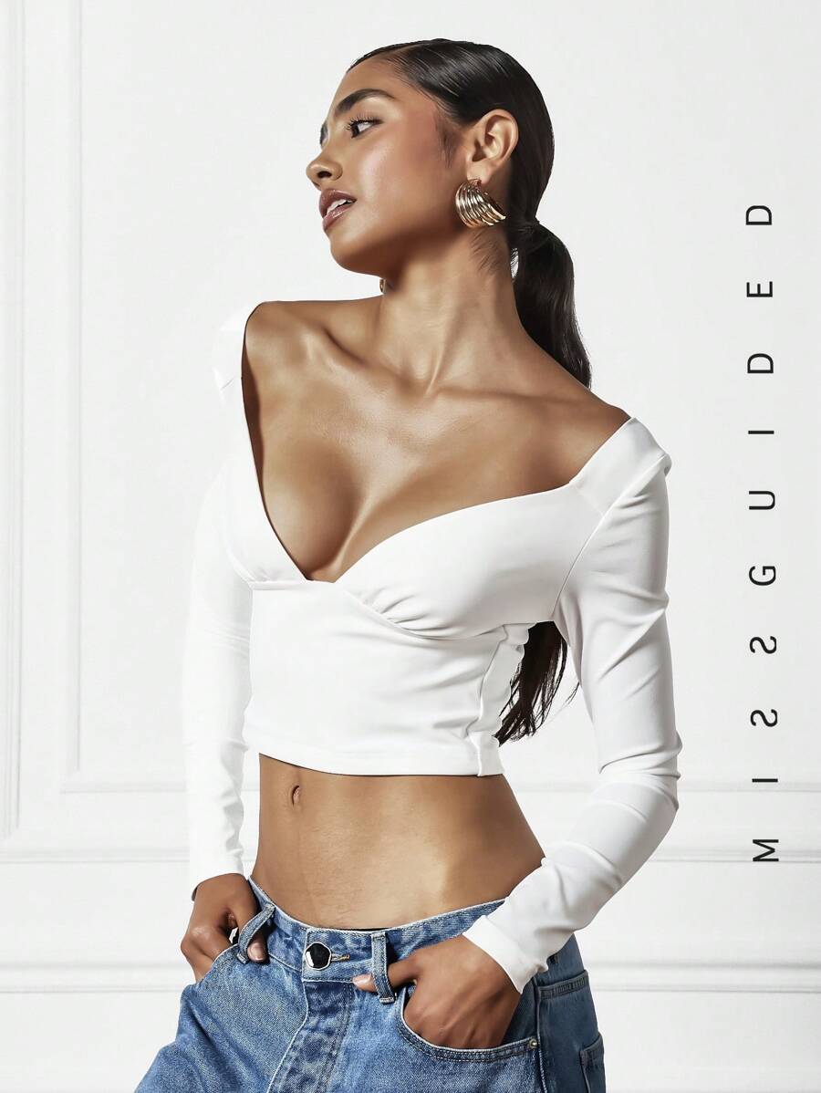 MISSGUIDED Tay áo dài Cổ Trái tim Top Cây trồng - trắng - Xem 1