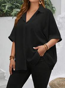 EMERY ROSE Summer  Teacher Clothes Striped Print Plus Size Open Front Shirt - Black - View 5