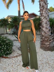 SHEIN SXY 2 pezzi/set Completo donna estivo: top corto ampio senza maniche e pantaloni a zampa larga per spiaggia