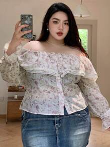 Dazy Plus Bluză casual cu mânecă lungă, model boho, cu imprimeu floral, stil patchwork, tiv cu volane, pentru mărime plus, pentru primăvară/vară, toamnă - Violet - Vizualizare 5