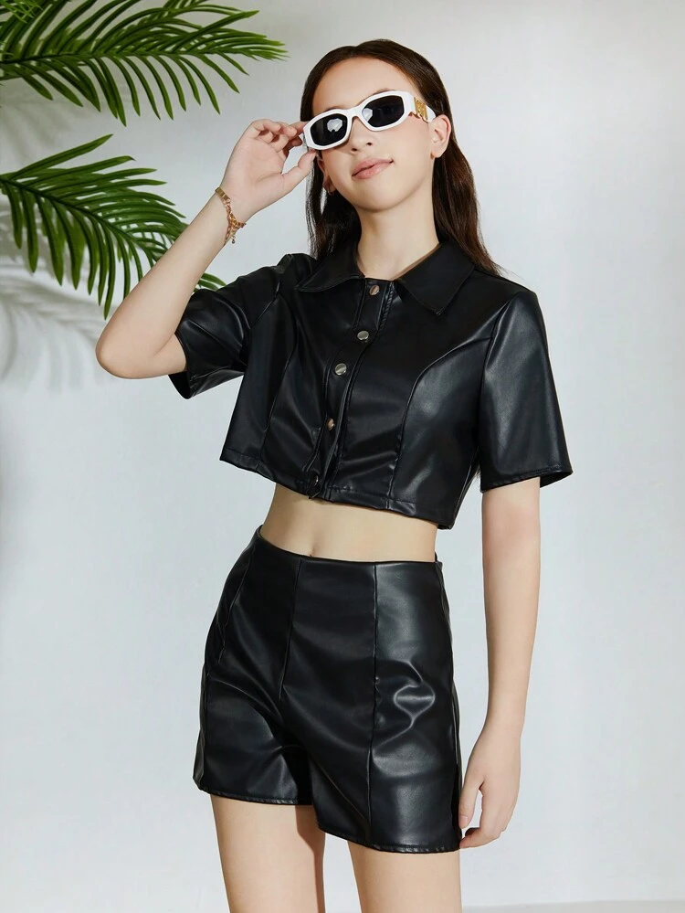 Teen Girl Black Short Sleeve Leather Jacket + Casual Leather Shorts Sibling Outfits Matching Outfits (3 Pieces Are Sold Separately)
