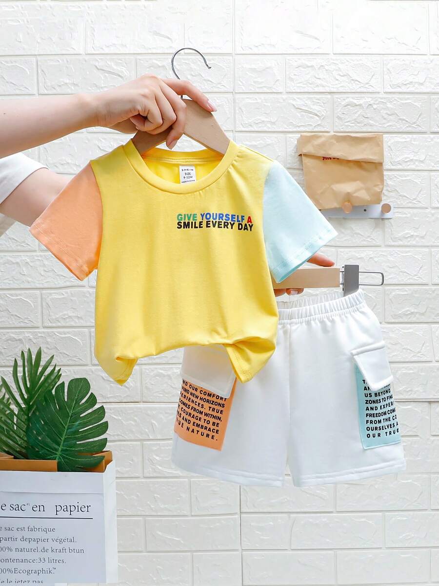 SHEIN 男嬰字母圖案圓領拼色套頭衫和短褲套裝 - 彩色 - 查看 1