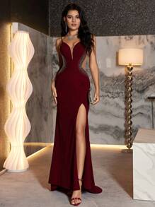 AOSHABABI Rochie de seară pentru femei, cu imprimeu de stras, încrucișată, spate decoltată, cu crăpături înalte, potrivită pentru toate ocaziile formale, festivaluri de muzică, gale, ținute pentru invitați la nuntă, petreceri de sărbători, absolviri, evenimente cocktail, întâlniri, vacanțe și rochii de domnișoare de onoare. - Burgundia - Vizualizare 4