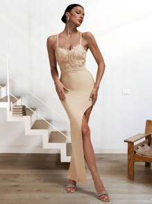 Apricot Embroidered Mesh Princess Dress With Strapless Bra Cup And Swing Hem - Apricot - View 1