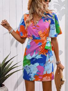 Breezaya Robe d'été élégante pour femmes avec imprimé floral, col en v avec volants à manches courtes, lien à la taille, pour les vacances - Bleu azur - Voir 5