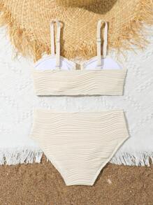 Tween Girl Fashionable Summer Solid Textured Bikini Set Summer Beach