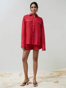 COSMINA 女士红色亚麻休闲宽松衬衫