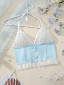 Ladies' Sexy Sheer Spliced Bustier Top - Baby Blue - View 2