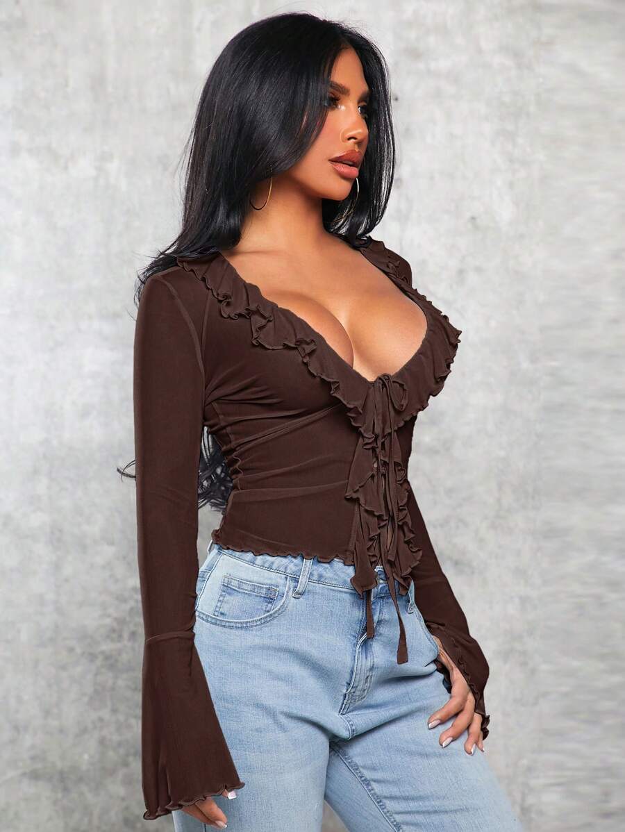 SHEIN SXY Spring/Summer Sexy Plain Mesh Top With Ruffle Hem And Tie Shoulder Straps - Chocolate Brown - View 1