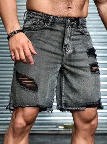 Manfinity LEGND 男款淺灰色破洞寬鬆牛仔短褲 - 灰色 - 查看 5