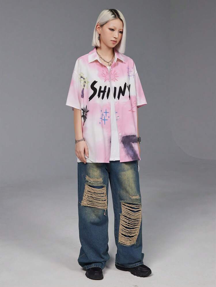 2024 Women Star Paint Spray Effect Gradient Short Sleeve Shirt Streetwear Fashion