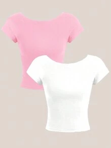 Comfortcana Set de 2 camisetas cortas de manga corta, cuello redondo, ajustadas y sin espalda, en color rosa y blanco, apropiadas para primavera y verano - Multicolor - Ver 2