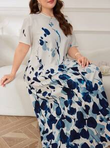 Mulvari Plus Size Elegant Floral Printed Long Dress For Spring/Summer - Navy Blue - View 3