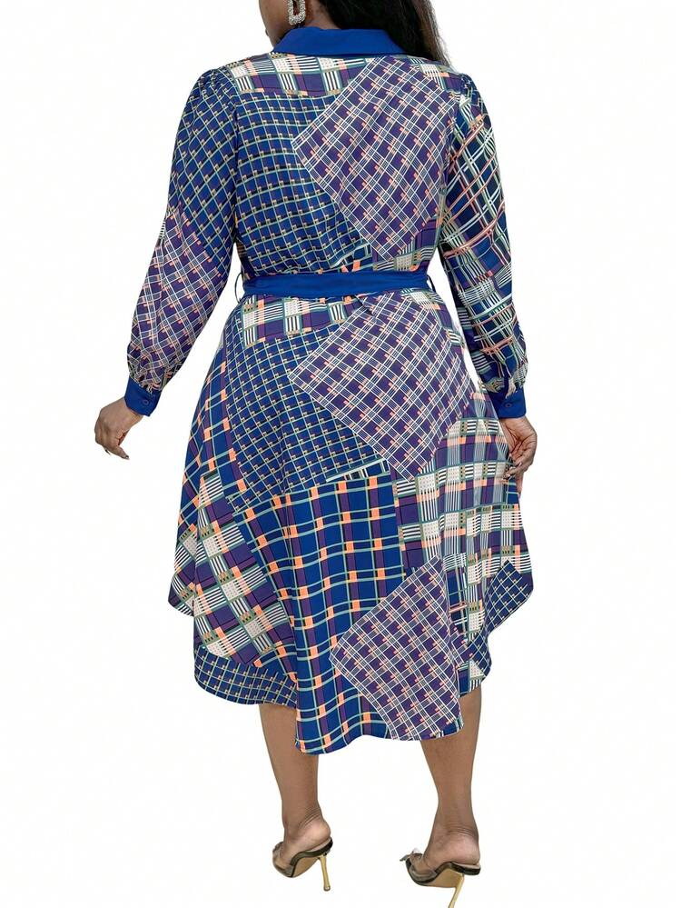 Plus Size Women Spring/Summer Grid Pattern Long Sleeve High-Low Hem Loose Casual Shirt Dress