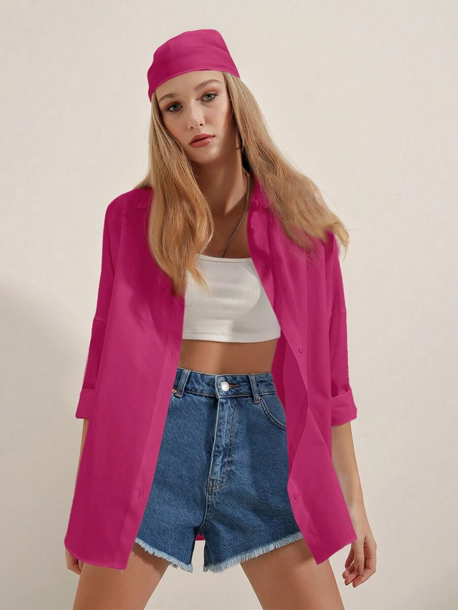 Cottnline Solid Button Up Drop Shoulder Shirt - Hot Pink - View 1