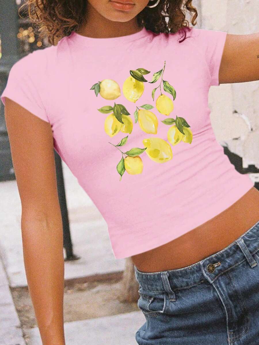 SHEIN EZwear Ladies" Lemon Print Short Sleeve T-Shirt For Summer - Pink - View 1