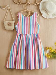 SHEIN 少女休閒春夏編織多彩條紋無袖連衣裙 - 彩色 - 查看 2