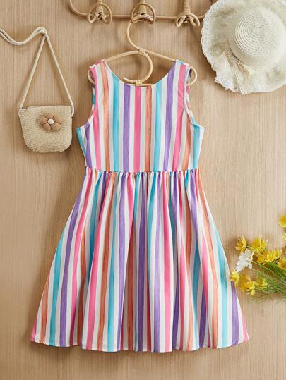 SHEIN Vestido sin mangas de verano de primavera casual de chica adolescente tejido a rayas colorido