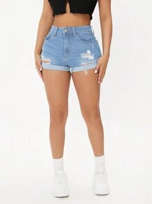SHEIN PETITE 女性牛仔短褲，撕裂細節，捲邊和口袋的休閒款 - 淺色水洗藍 - 查看 1