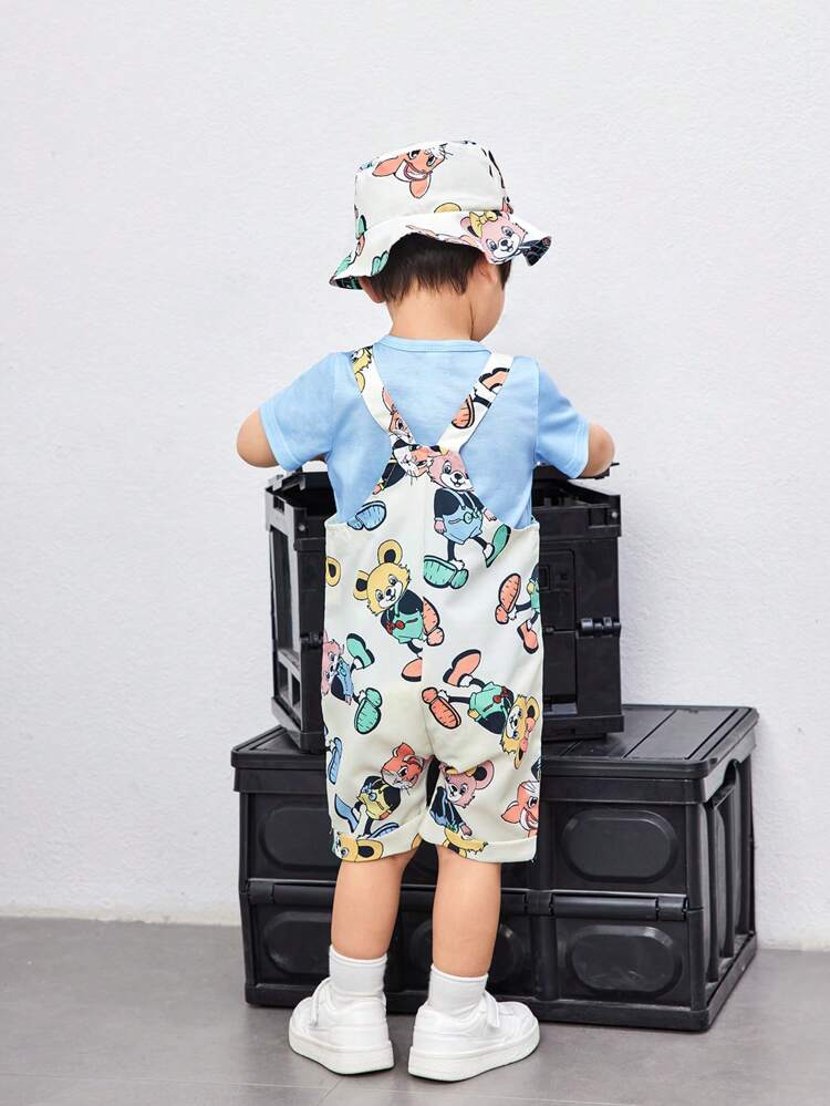 Baby Boy Spring Summer Casual Daily Wear T-Shirt With Cute Cartoon Pattern Overalls And Hat Set