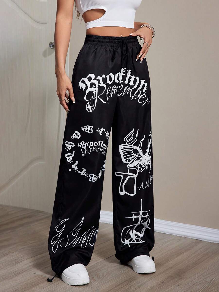 StreetHx Casual Butterfly & Letter Printed Drawstring Straight Leg Pants Fall Cloth For Women