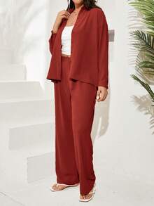 SHEIN Cottnline Plus Button Up Drop Shoulder Shirt & Wide Leg Pants - Burgundy - View 3