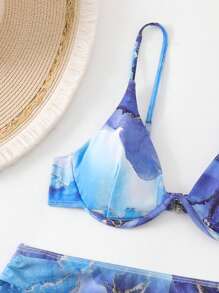 SHEIN Swim Bộ bikini gợi cảm in họa tiết đá cẩm thạch cho nữ dành cho kỳ nghỉ ở bãi biển, kèm váy che chắn - Nhiều màu - Xem 6