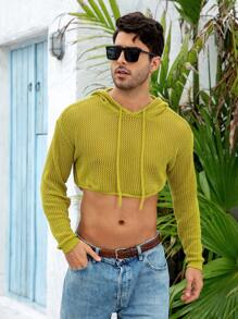 Genlund Men Crop Hollow Out Drawstring Hooded Sweater - Yellow - View 6