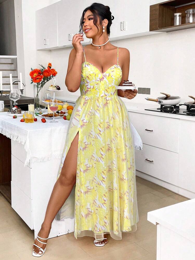 Plus Size Women Summer Vacation Style Plant Printed Elegant Long Cami Dress With Side Slit Hem