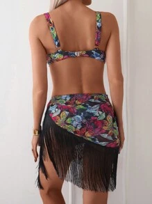 SHEIN Swim Floral Print Tassel Decoration Bikini Set (3 Pieces) For Beach/Pool Vacation Summer