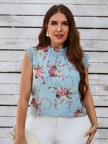 SHEIN Clasi Plus Size Nữ Dáng Rộng In Hoa Ren Chia Cổ Đứng Ngày Lễ Phong Cách Áo Sơ Mi Có Viền Viền Cho Mùa Hè - Màu xanh lam - Xem 4