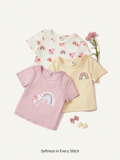 Cozy Pixies Baby Girl Cartoon Animal Pattern Round Neck Tops 3pcs/Set Graphic
