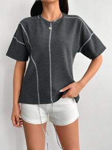 RueChic Tricou oversize cu broderie de culoare solidă pentru femei