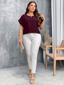 SHEIN LUNE Plus Size Nữ Mùa Hè Màu Trơn Cổ Tròn Tay Ngắn Cánh Dơi Áo Sơ Mi Form Rộng - Màu Đỏ Sâu - Xem 5