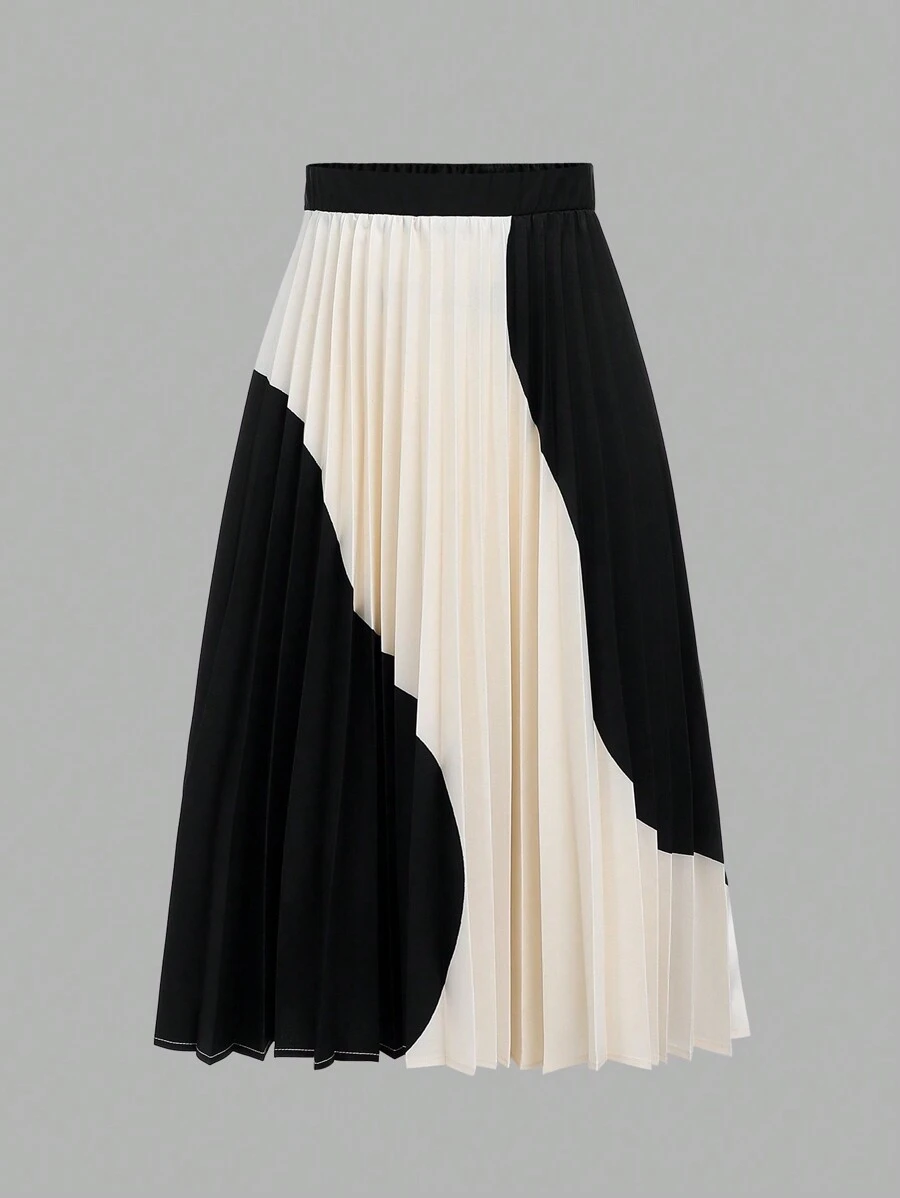SHEIN Leap Crew Jupe midi plissée décontractée décontractée pour fille préadolescente, taille haute, bloc de couleur imprimé - Noir - Voir 1