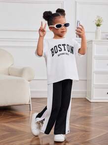 SHEIN Young Girl Knitted Solid Color Loose Letter Print Round Neck Casual T-Shirt And Knitted Color-Block Casual Loose Pants Two-Piece Set Kpop Outfit For Kidstrendy Outfit For Kidstrending Outfit For Young Girl