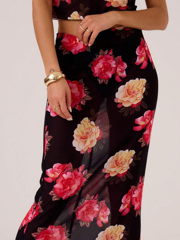 Floral Chiffon Maxi Skirt Boho Summer Cute Vacation