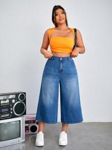 SHEIN EZwear Pantalón Vaquero Capri De Pierna Ancha Informal Y Holgado Para Mujeres De Talla Grande