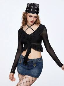 SHEINNeu Women's Y2K Black See-Through Mesh Top