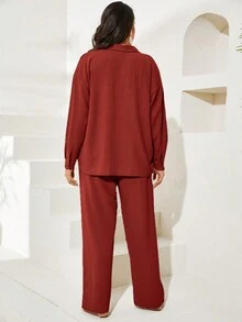 SHEIN Cottnline Plus Button Up Drop Shoulder Shirt & Wide Leg Pants - Burgundy - View 2