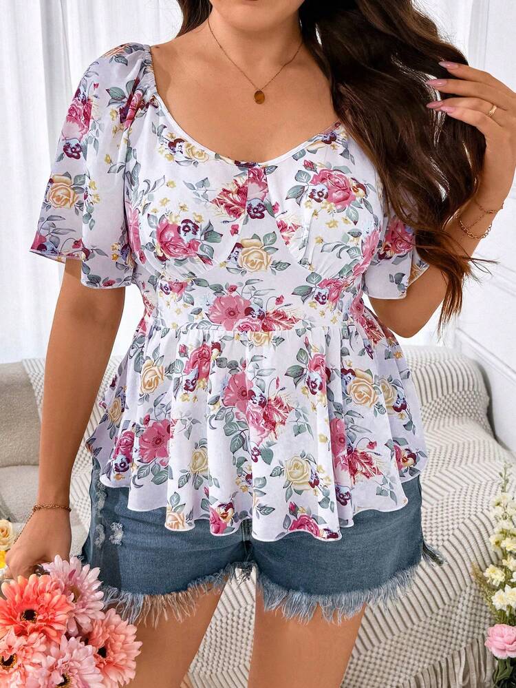 Plus Size Women Summer Holiday Style Floral Printed Sweetheart Neckline Ruffle Short Sleeve Elegant Shirt