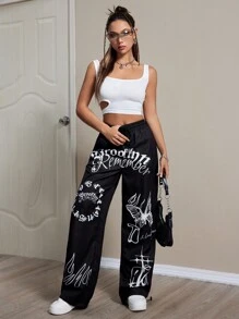 StreetHx Casual Butterfly & Letter Printed Drawstring Straight Leg Pants Fall Cloth For Women
