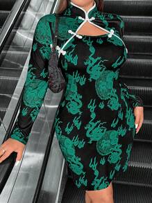 Flirla Plus Size Đầm ôm sát cổ in họa tiết rồng thanh lịch có cúc kiểu Trung Quốc, Xuân/Hè - Màu xanh Ô liu - Xem 3