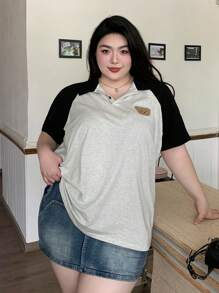Dazy Plus Plus Size Color Block Embroidered Polo Collar Patchwork Loose Short Sleeve T-Shirt, For Summer