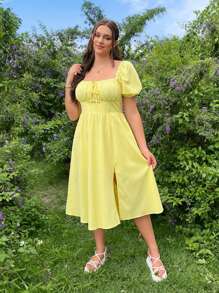 SHEIN EZwear Жіноча жовта сукня великих розмірів, ткана, на підкладці, квадратний виріз горловини, бантик, пишні рукави, А-силует, високий розріз, довжина міді, літо - Жовтий - Переглянути 5