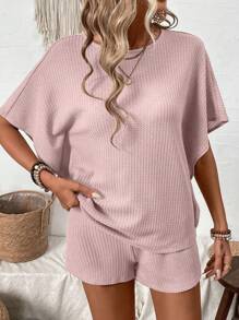 SHEIN LUNE 女士時尚純色短袖上衣和短褲套裝 - 藕粉色 - 查看 4