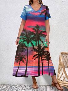 SHEIN Holidaya 大尺碼女性夏季度假棕櫚樹印花 V 領短袖長裙優雅連衣裙 - 中紫紅色 - 查看 4