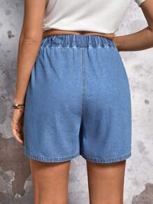 SHEIN LUNE Quần short denim cạp cao cạp cao có túi cho nữ - Màu xanh lam - Xem 2