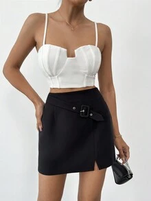 EURMUSE Women Black Mini Skirt With Belt - Black - View 5